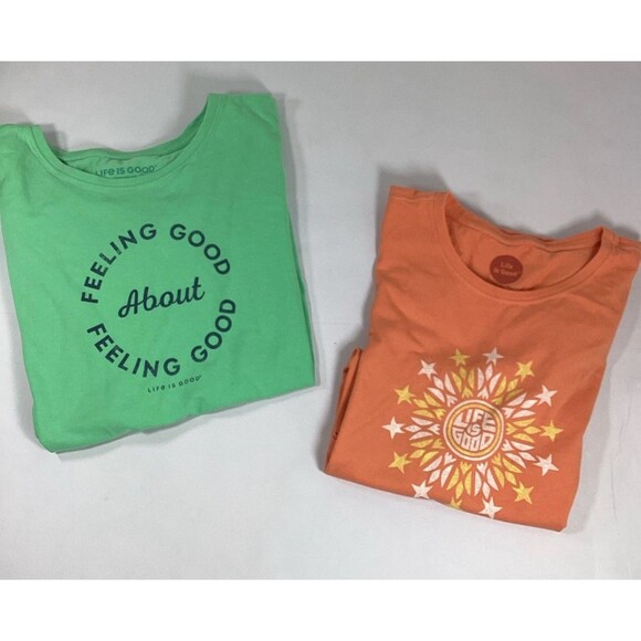 2 Life Is Good TShirt Womens XXL Green Feeling Good Orange Starburst Tee SS - Picture 1 of 13